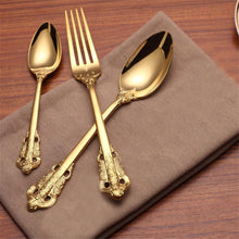 Load image into Gallery viewer, Retro Vintage Embossed Carve Gold Tableware Set Long Handle Spoons &amp; Forks Ice Cream Tea Coffee Spoon Home Tableware
