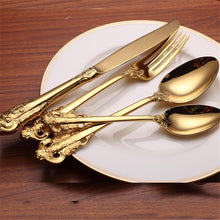 Load image into Gallery viewer, Retro Vintage Embossed Carve Gold Tableware Set Long Handle Spoons &amp; Forks Ice Cream Tea Coffee Spoon Home Tableware
