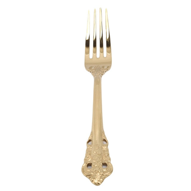 Retro Vintage Embossed Carve Gold Tableware Set Long Handle Spoons & Forks Ice Cream Tea Coffee Spoon Home Tableware