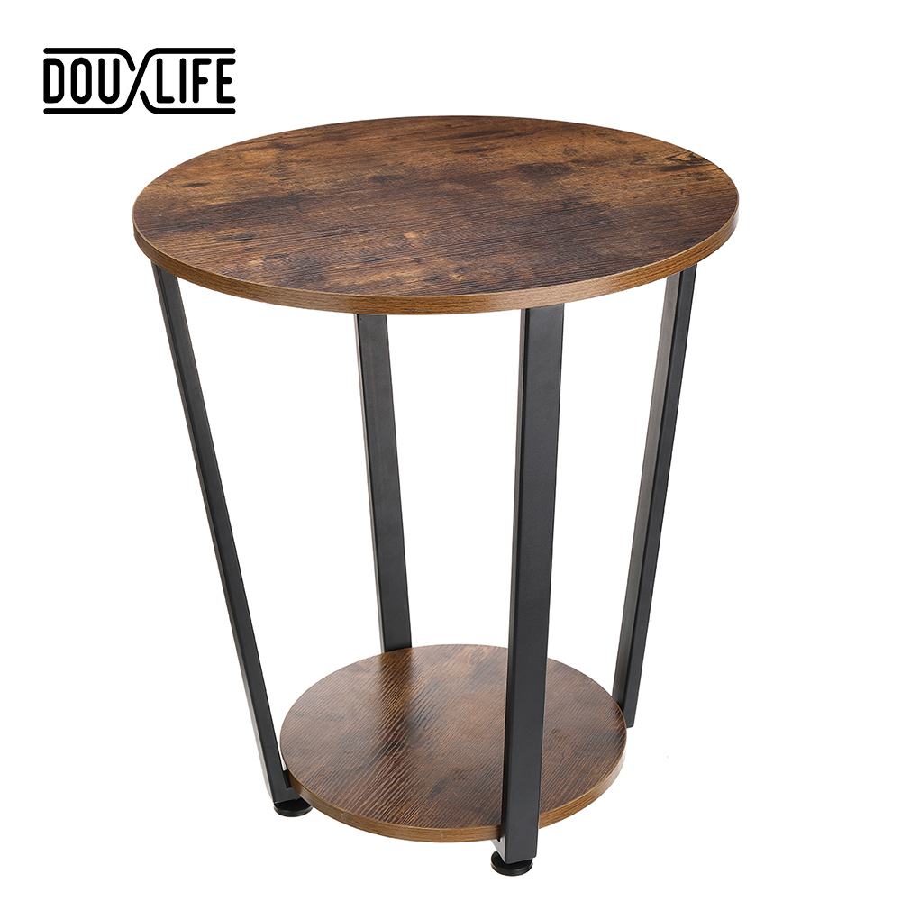 Douxlife 2-Tier Round Coffee Table Sofa Side Table with Storage Shelf Metal Frame Nightstand Small Desk Living Room Furniture