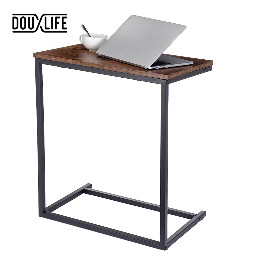 Douxlife Vintage C Shape Coffee Table Wooden Metal Frame Sofa Side Table End Table Home computer Desk Storage Holders Furniture