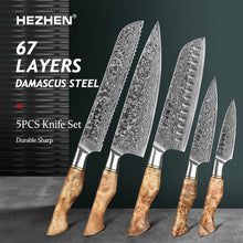 Load image into Gallery viewer, HEZHEN 1-5PC Knife Set Japanese Damascus Steel Chef Santoku Bread Paring Utility Professional Slicing knife Cook Kitchen Knife
