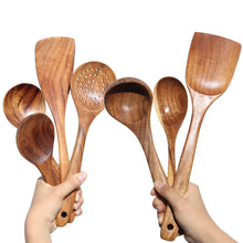 Load image into Gallery viewer, 1-7pcs/set Teak Natural Wood Tableware Kitchen Tool kit Ladle Turner Rice Colander Soup Skimmer Cooking Spoon Reusable
